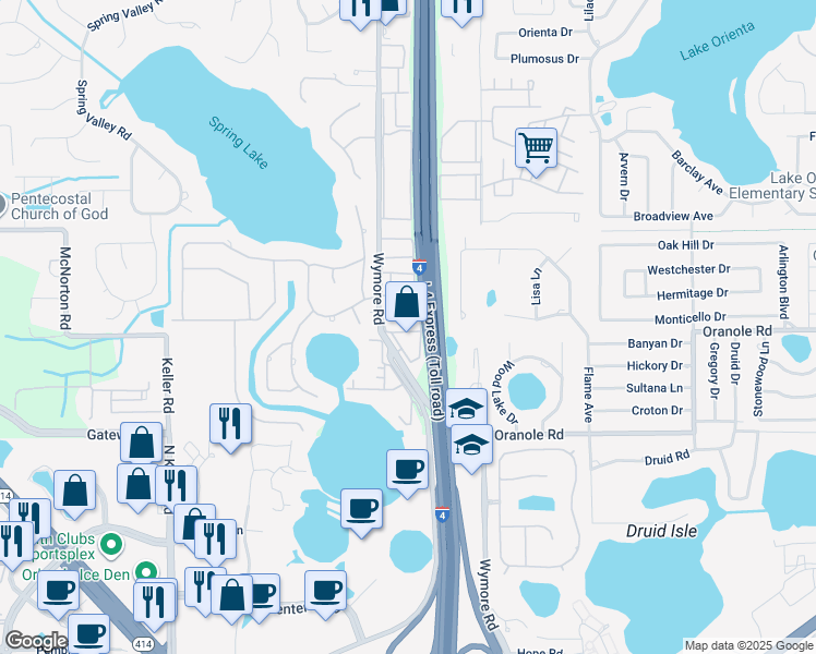 map of restaurants, bars, coffee shops, grocery stores, and more near 895 Wymore Road in Altamonte Springs