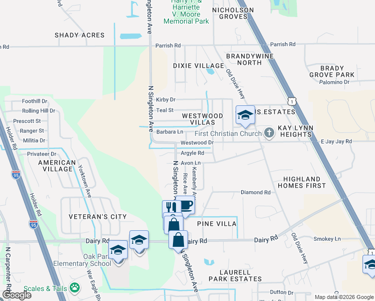 map of restaurants, bars, coffee shops, grocery stores, and more near 3310 Argyle Road in Titusville