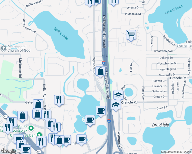 map of restaurants, bars, coffee shops, grocery stores, and more near 923 Wymore Road in Altamonte Springs