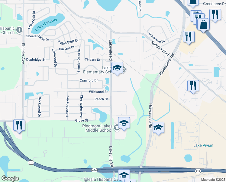 map of restaurants, bars, coffee shops, grocery stores, and more near 2305 Lakeville Road in Apopka