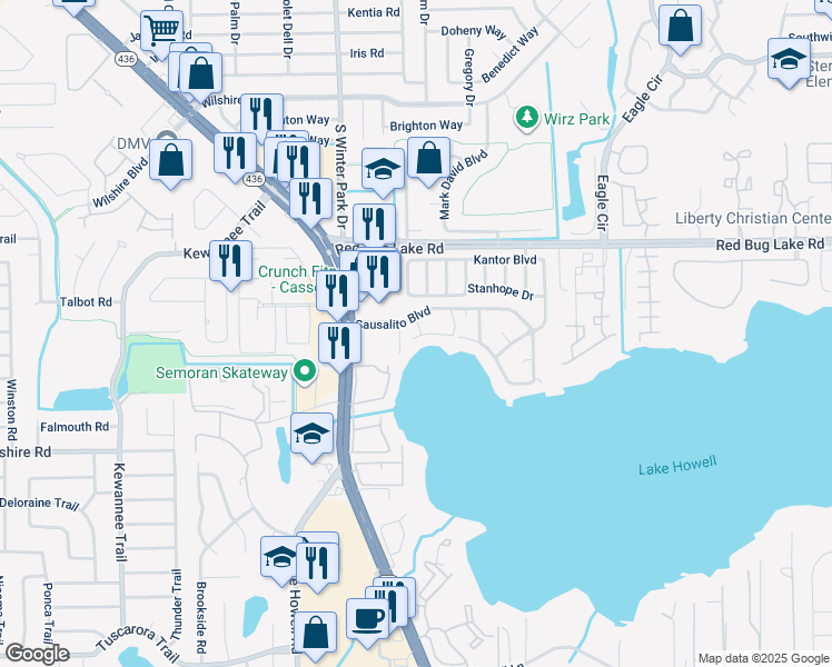 map of restaurants, bars, coffee shops, grocery stores, and more near 110 Madrid Drive in Casselberry