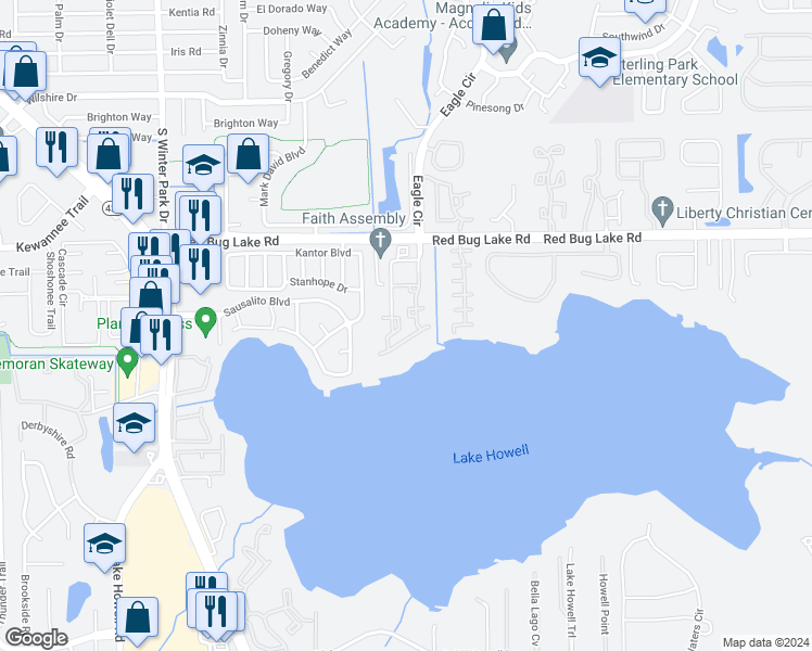 map of restaurants, bars, coffee shops, grocery stores, and more near 393 Kantor Boulevard in Casselberry