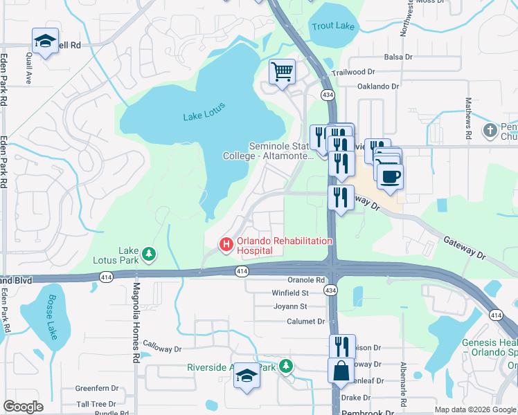 map of restaurants, bars, coffee shops, grocery stores, and more near 825 Grand Regency Pointe in Altamonte Springs