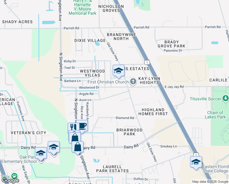 map of restaurants, bars, coffee shops, grocery stores, and more near 2970 Avon Circle in Titusville