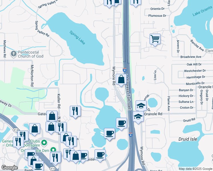 map of restaurants, bars, coffee shops, grocery stores, and more near 125 Springwood Place in Altamonte Springs