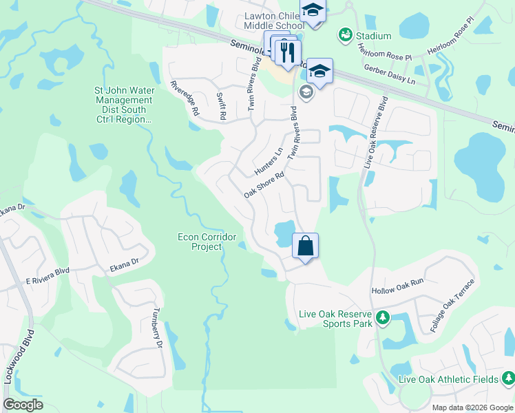 map of restaurants, bars, coffee shops, grocery stores, and more near 1247 Twin Rivers Boulevard in Oviedo