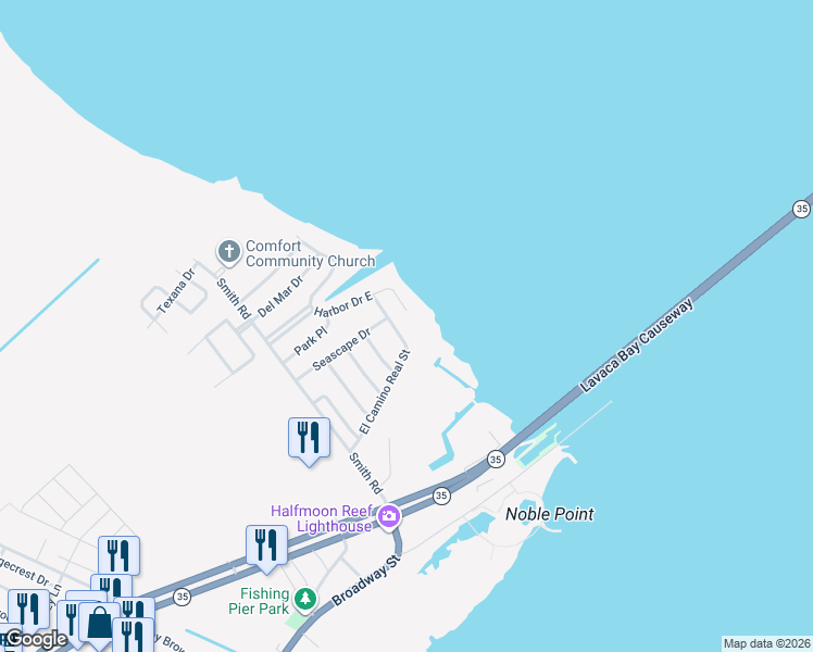 map of restaurants, bars, coffee shops, grocery stores, and more near 316 El Camino Real Street in Port Lavaca