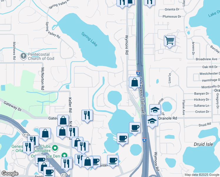 map of restaurants, bars, coffee shops, grocery stores, and more near 95 Spring Wood Trail in Altamonte Springs