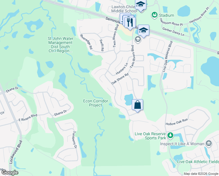 map of restaurants, bars, coffee shops, grocery stores, and more near 2556 Coachbridge Court in Oviedo