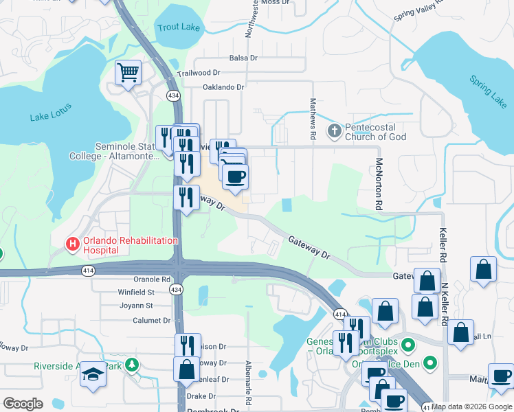 map of restaurants, bars, coffee shops, grocery stores, and more near 880 Broadstone way in Altamonte Springs