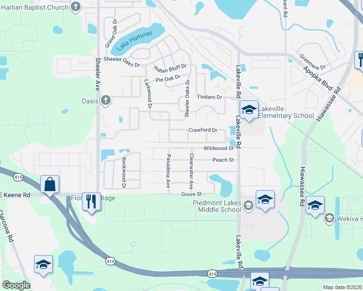 map of restaurants, bars, coffee shops, grocery stores, and more near 1328 Woodfield Oaks Drive in Apopka