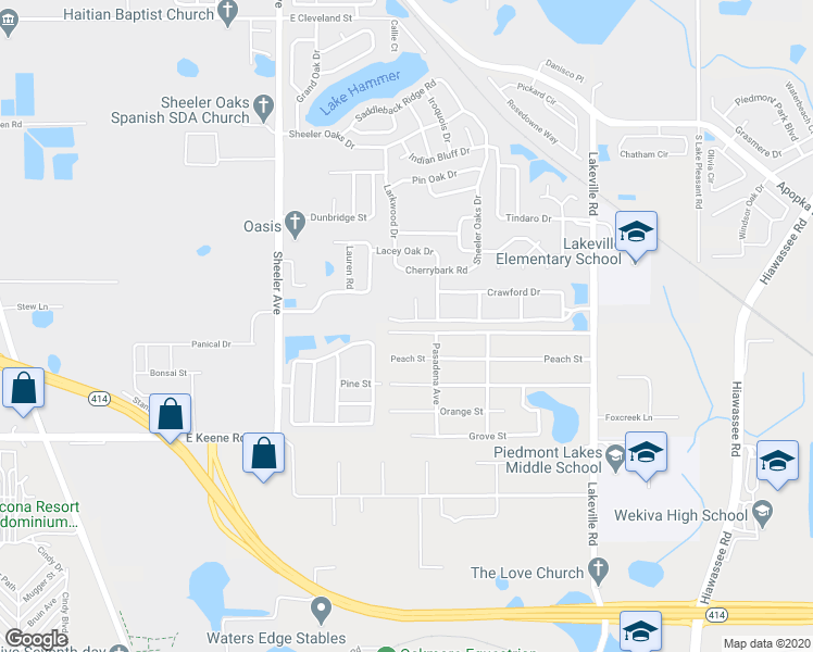 map of restaurants, bars, coffee shops, grocery stores, and more near 1240 Woodfield Oaks Drive in Apopka