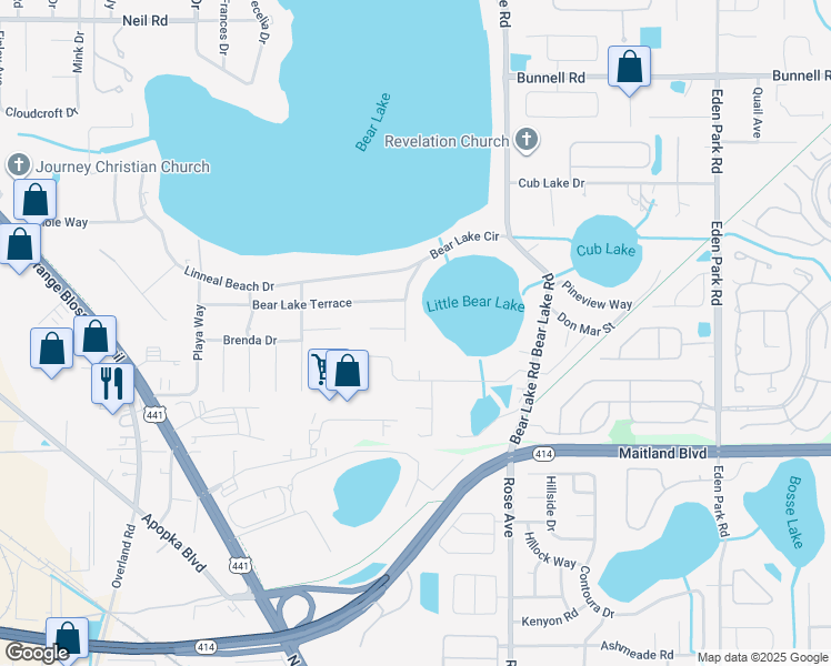 map of restaurants, bars, coffee shops, grocery stores, and more near 9437 Bear Lake Circle in Apopka