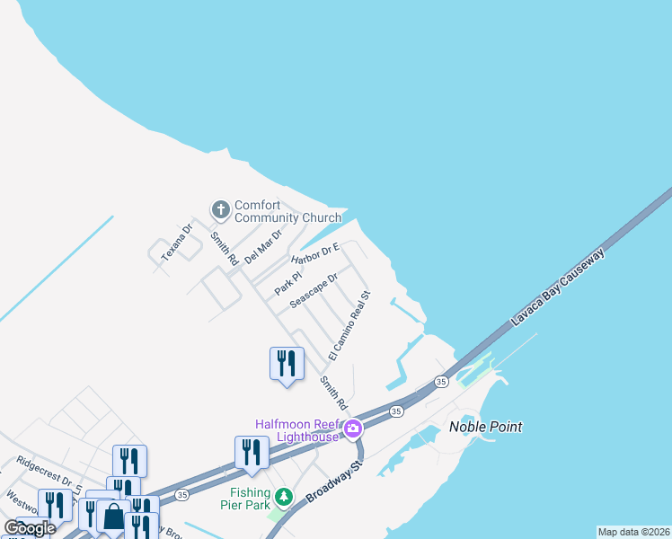 map of restaurants, bars, coffee shops, grocery stores, and more near 157 Seascape Drive in Port Lavaca