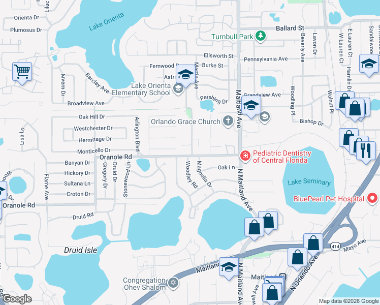 map of restaurants, bars, coffee shops, grocery stores, and more near 605 Oranole Road in Maitland