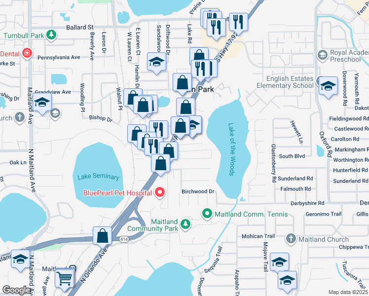 map of restaurants, bars, coffee shops, grocery stores, and more near 115 North Lakewood Circle in Maitland