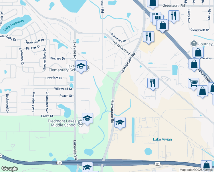 map of restaurants, bars, coffee shops, grocery stores, and more near 2230 Hiawassee Road in Apopka