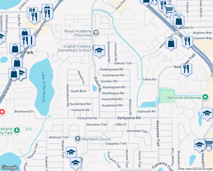 map of restaurants, bars, coffee shops, grocery stores, and more near 2340 Markingham Road in Maitland