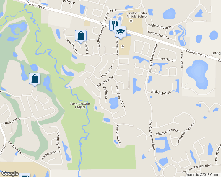 map of restaurants, bars, coffee shops, grocery stores, and more near 1842 Shadow Pine Court in Oviedo