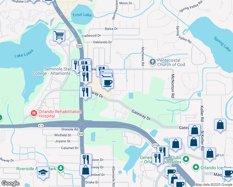 map of restaurants, bars, coffee shops, grocery stores, and more near 895 Broadstone way in Altamonte Springs