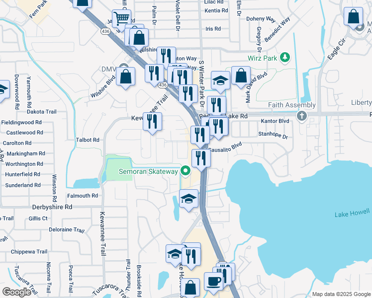 map of restaurants, bars, coffee shops, grocery stores, and more near 504 Polaris Loop in Casselberry