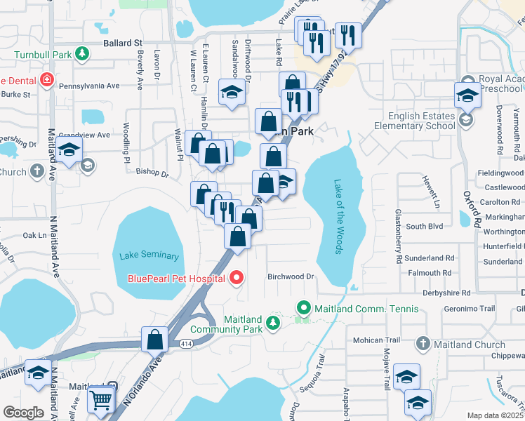 map of restaurants, bars, coffee shops, grocery stores, and more near 115 North Lakewood Circle in Maitland