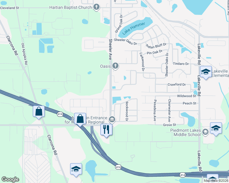 map of restaurants, bars, coffee shops, grocery stores, and more near 1014 Sheeler Hills Drive in Apopka