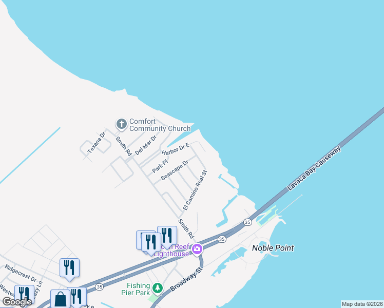 map of restaurants, bars, coffee shops, grocery stores, and more near 157 Seascape Drive in Port Lavaca
