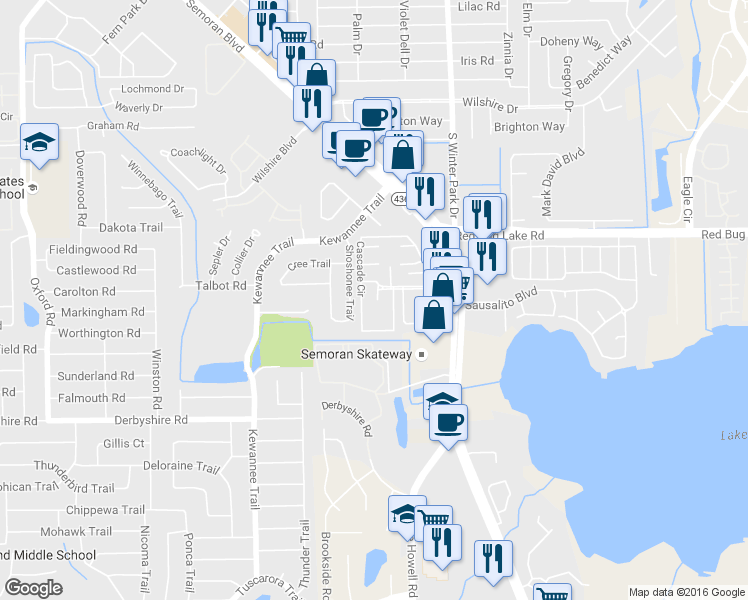 map of restaurants, bars, coffee shops, grocery stores, and more near 534 Cascade Circle in Casselberry