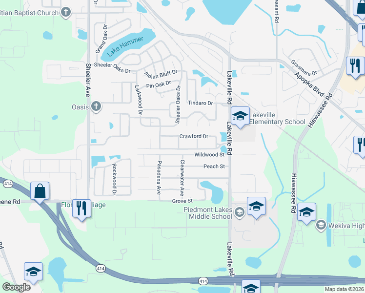 map of restaurants, bars, coffee shops, grocery stores, and more near 1408 Woodfield Oaks Drive in Apopka