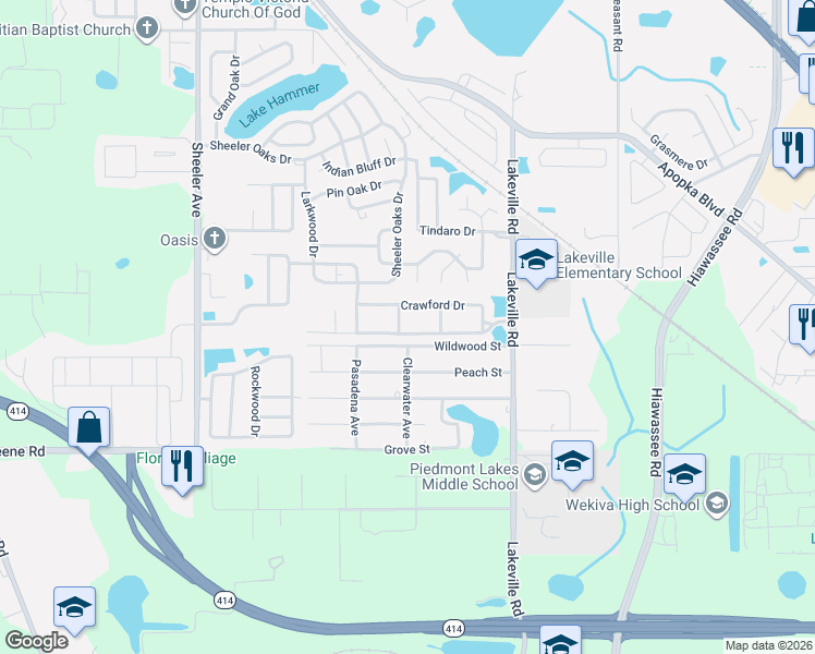 map of restaurants, bars, coffee shops, grocery stores, and more near 1408 Woodfield Oaks Drive in Apopka