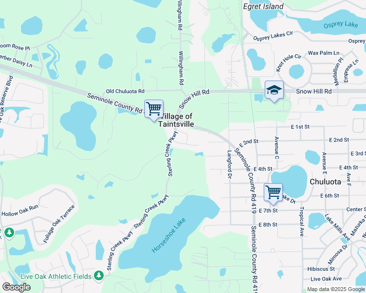 map of restaurants, bars, coffee shops, grocery stores, and more near 1882 Sterling Creek Parkway in Chuluota