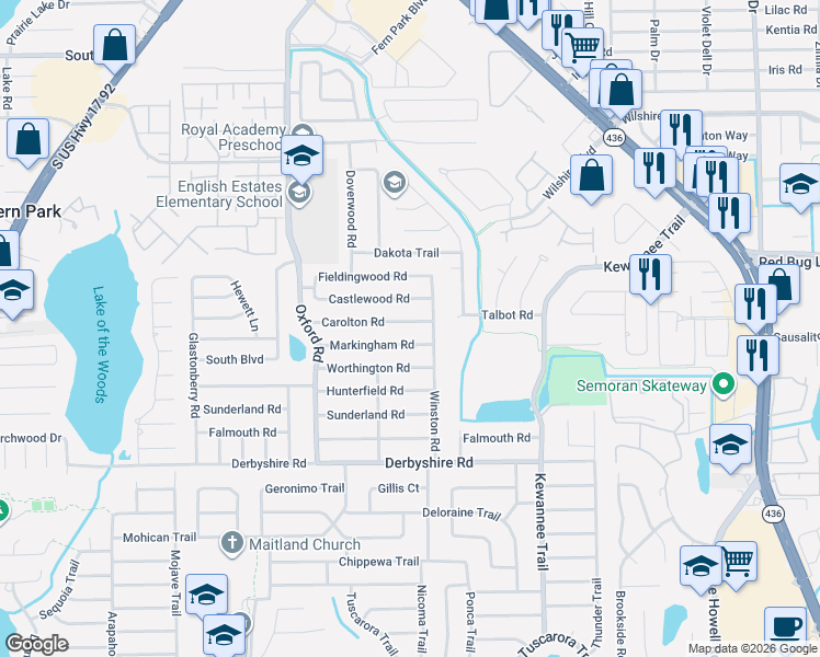 map of restaurants, bars, coffee shops, grocery stores, and more near 2464 Carolton Road in Maitland