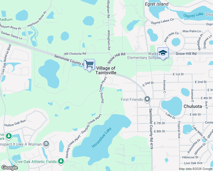 map of restaurants, bars, coffee shops, grocery stores, and more near 1882 Sterling Creek Parkway in Chuluota