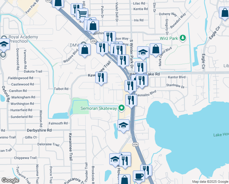 map of restaurants, bars, coffee shops, grocery stores, and more near 534 Cascade Circle in Casselberry