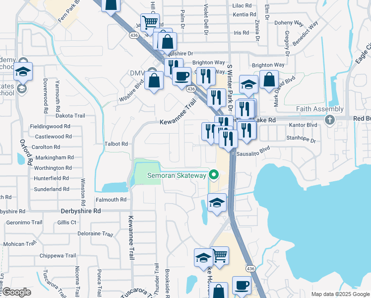 map of restaurants, bars, coffee shops, grocery stores, and more near 1721 Shoshonee Trail in Casselberry