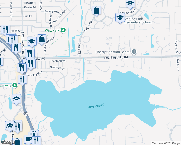 map of restaurants, bars, coffee shops, grocery stores, and more near 160 Lago Vista Boulevard in Casselberry