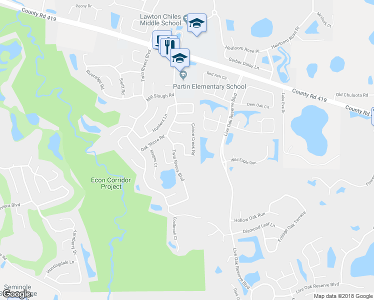 map of restaurants, bars, coffee shops, grocery stores, and more near 1707 Canoe Creek Road in Oviedo