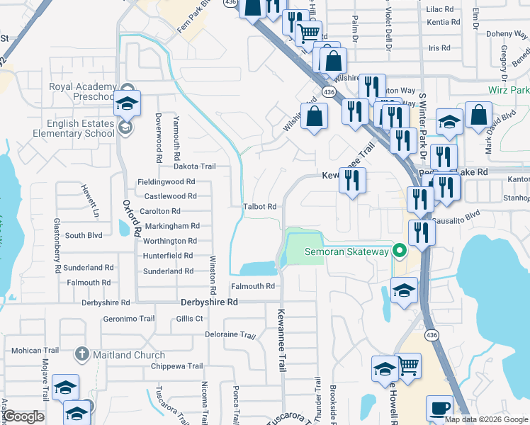 map of restaurants, bars, coffee shops, grocery stores, and more near 1910 Collier Drive in Casselberry