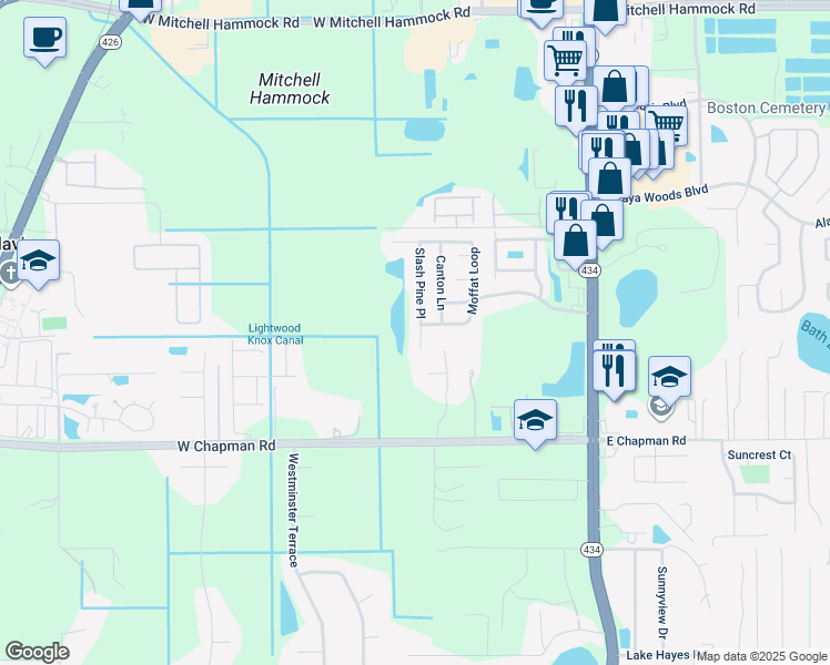map of restaurants, bars, coffee shops, grocery stores, and more near 1612 Slash Pine Place in Oviedo