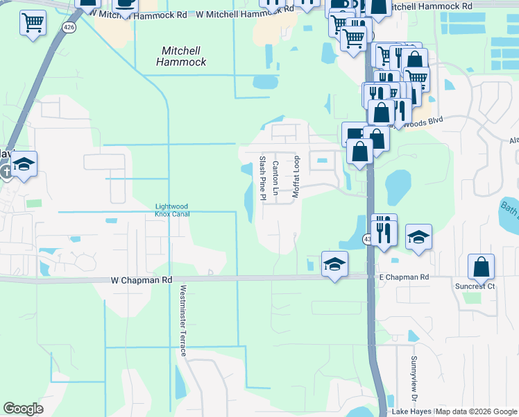 map of restaurants, bars, coffee shops, grocery stores, and more near 1629 Slash Pine Place in Oviedo