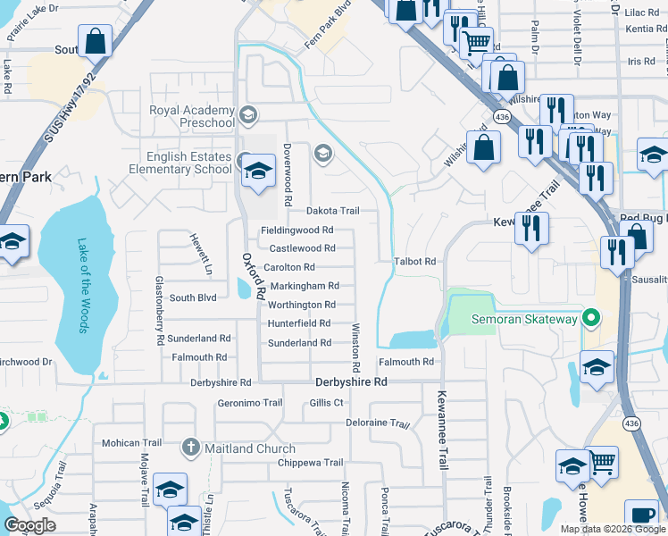 map of restaurants, bars, coffee shops, grocery stores, and more near 2464 Carolton Road in Maitland