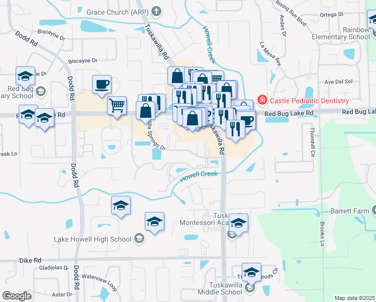 map of restaurants, bars, coffee shops, grocery stores, and more near 1057 Willa Springs Drive in Winter Springs
