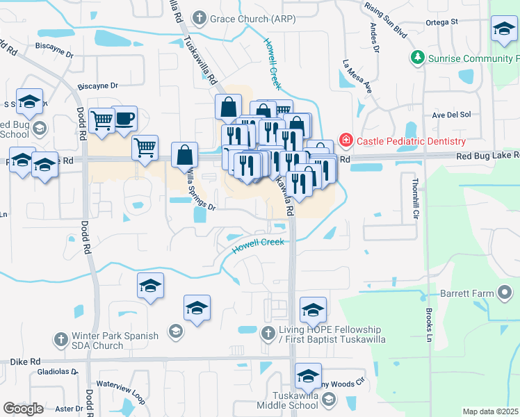 map of restaurants, bars, coffee shops, grocery stores, and more near 1037 Willa Springs Drive in Winter Springs