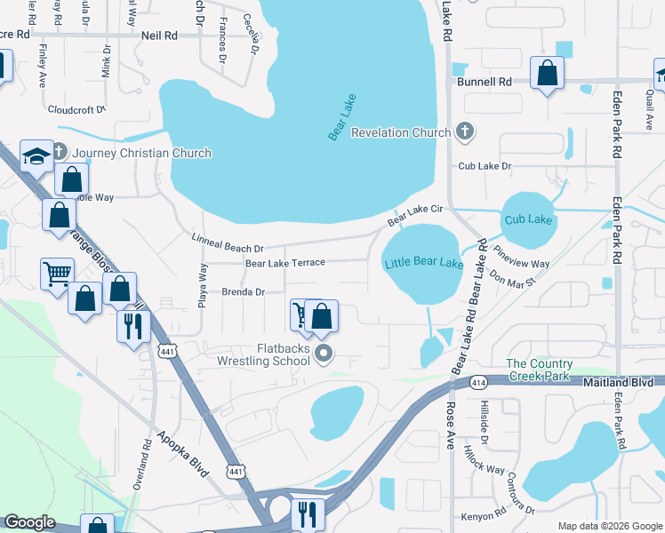 map of restaurants, bars, coffee shops, grocery stores, and more near 6127 Bear Lake Terrace in Apopka