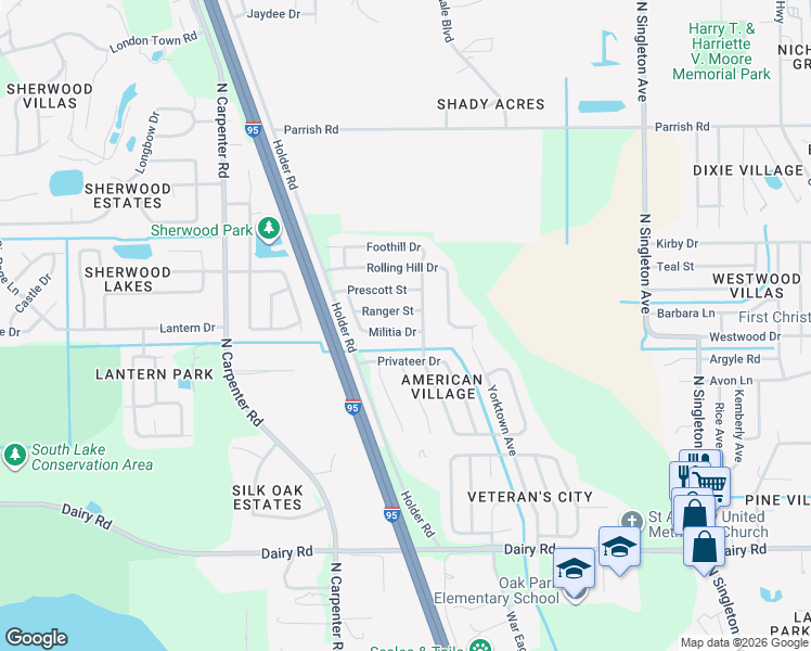 map of restaurants, bars, coffee shops, grocery stores, and more near 3710 Militia Drive in Titusville
