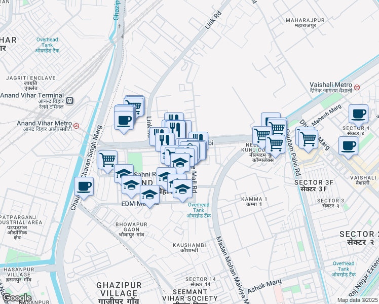 map of restaurants, bars, coffee shops, grocery stores, and more near 45 Doctor Burman Road in Ghaziabad