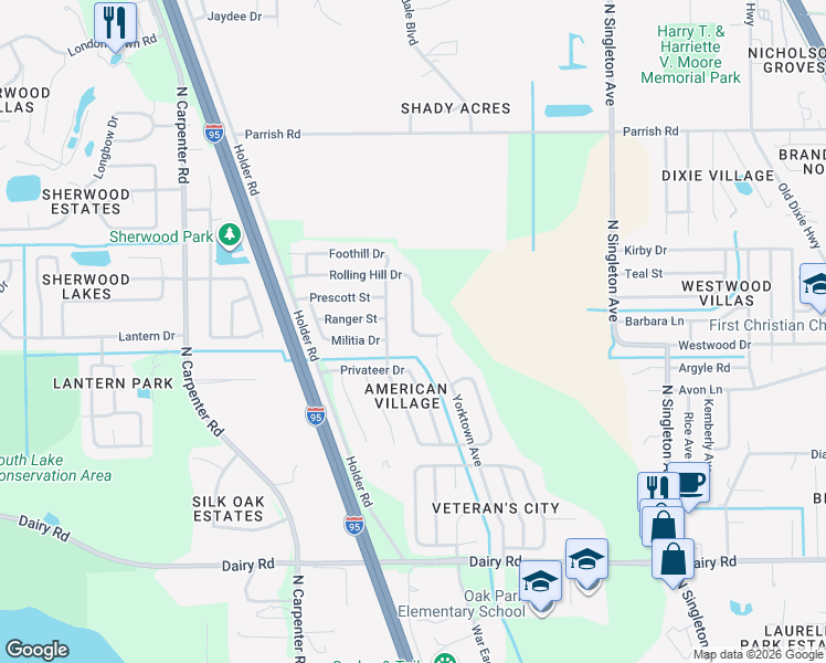 map of restaurants, bars, coffee shops, grocery stores, and more near 3928 Rolling Hill Drive in Titusville