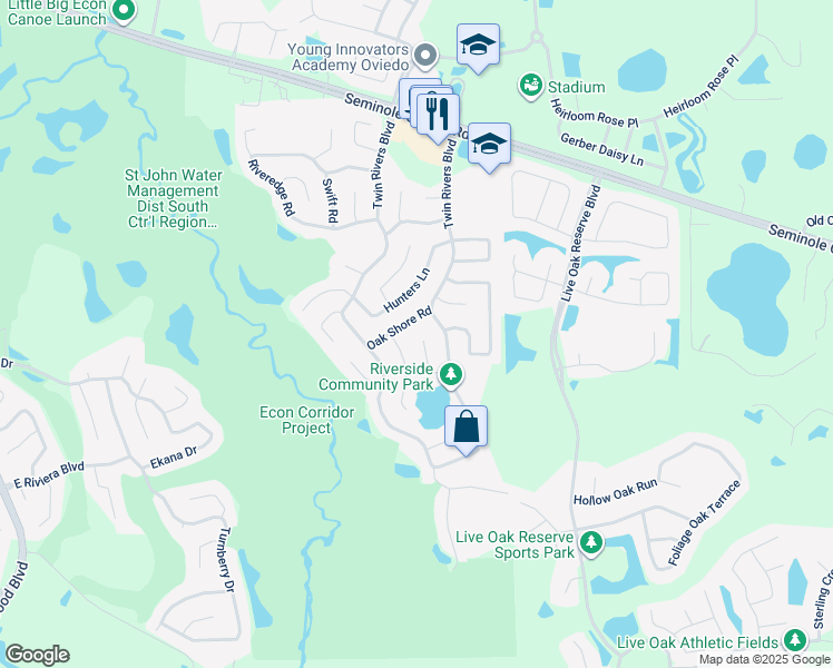 map of restaurants, bars, coffee shops, grocery stores, and more near 1800 Shadow Pine Court in Oviedo