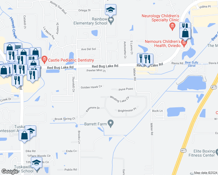 map of restaurants, bars, coffee shops, grocery stores, and more near 1294 Pima Point in Oviedo